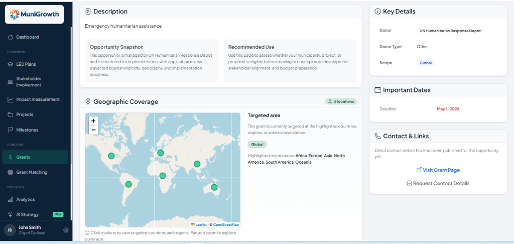 MuniGrowth grant intelligence dashboard with opportunity details, geographic coverage map, deadlines, and donor contact actions.